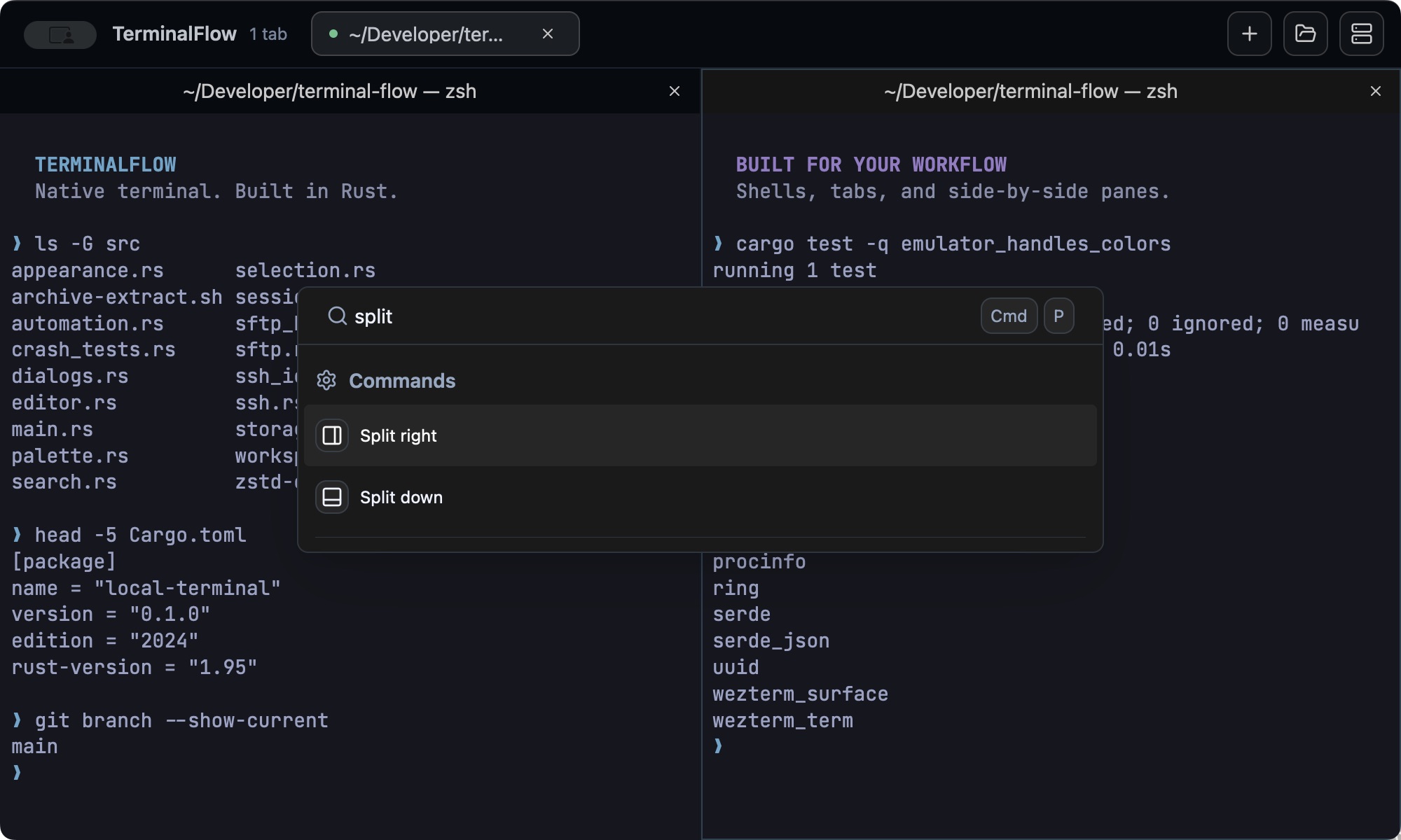 TerminalFlow command palette showing searchable split-pane and workspace actions